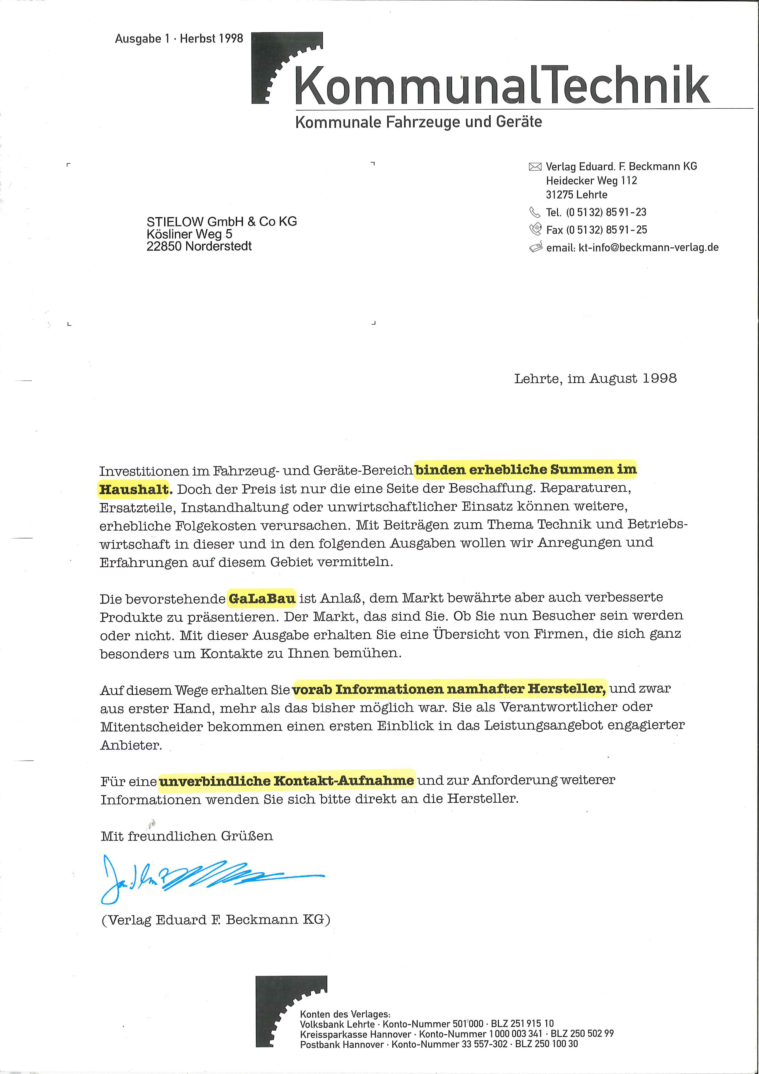Null-Nummer 1998,  die Titelseite gestaltet als Anschreiben. Eine direkt personalisierte Zeitschrift  war damals ein komplettes Novum  in der Branche und demonstrierte  gleich den modernen Anspruch der Zeitschrift.